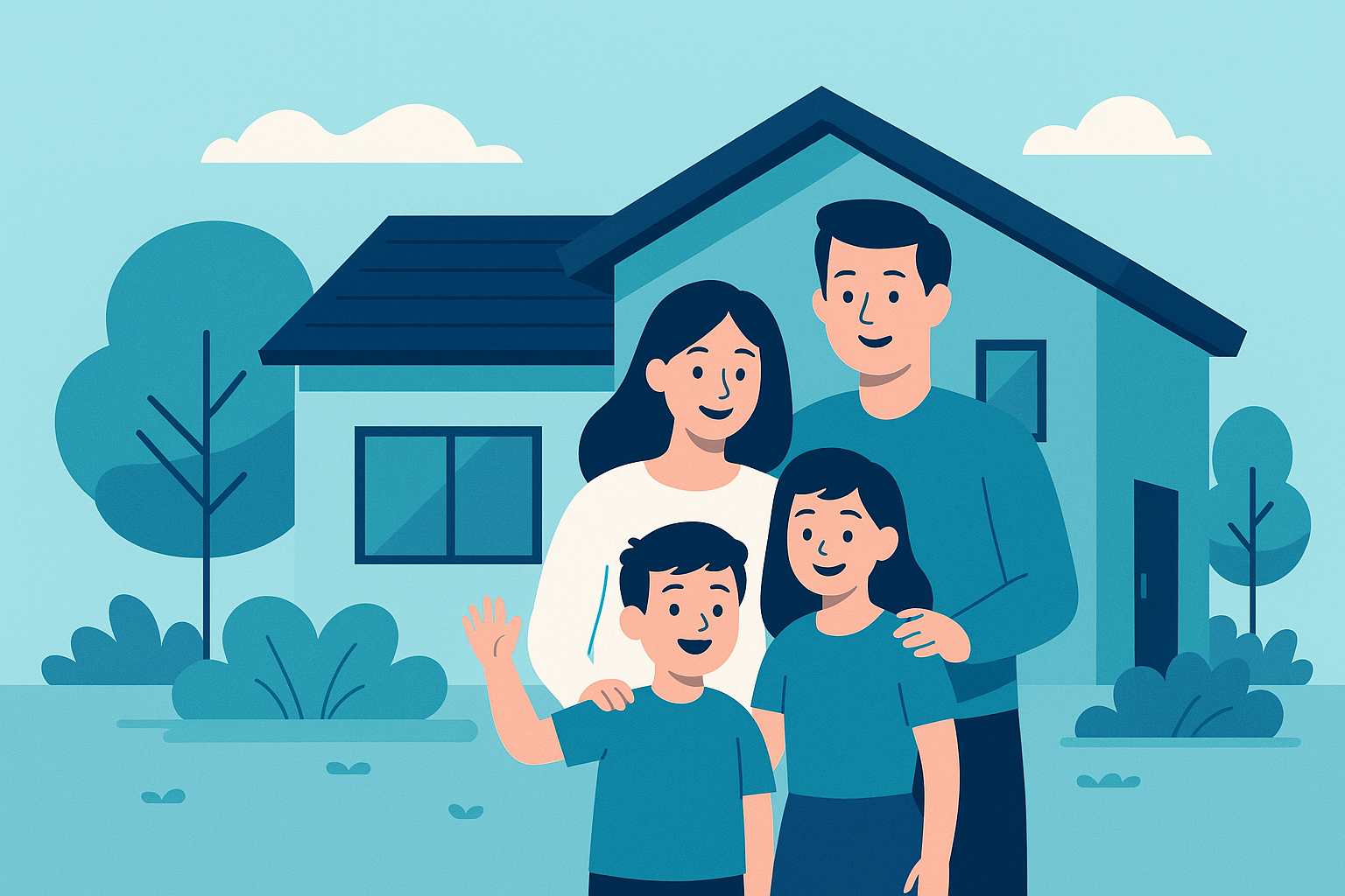 Family in front of a new house illustration