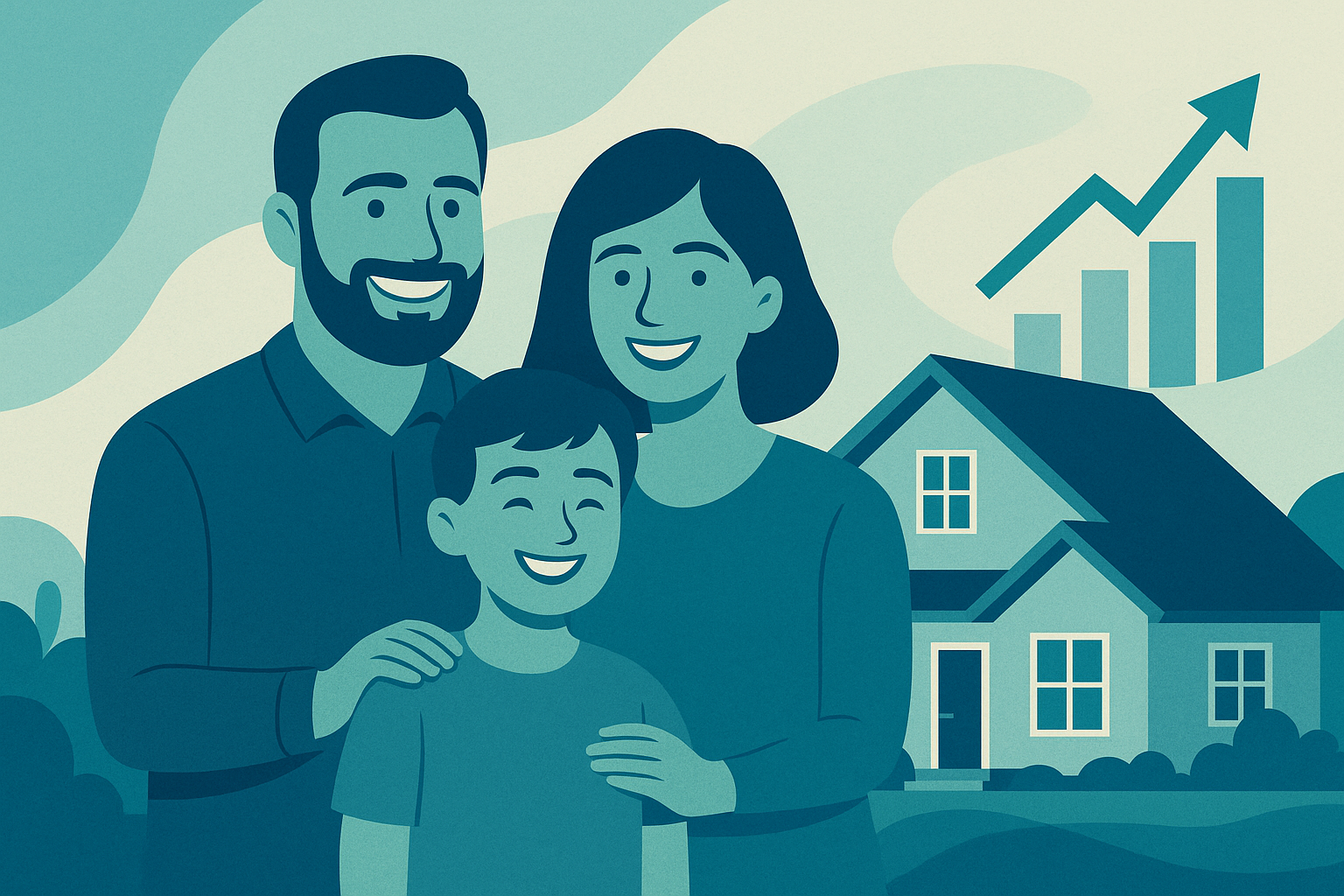 Illustration of a happy family in front of their new home
