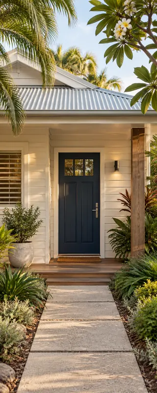 A coastal-style front entrance framed by subtropical plants